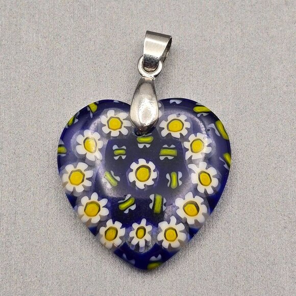Murano Style Millefiori Heart Pendant 1.5" White Daisy Mosaic 18k GP Bail - Picture 6 of 10